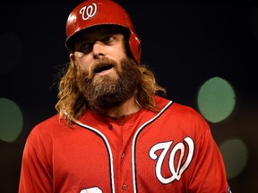 Jayson Werth #28 of the Washington Nationals reacts after flying out in the fifth inning against the Baltimore Orioles at Nationals Park on August 4, 2014 in Washington, DC. (Patrick Smith/Getty Images/AFP)