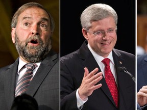 From L to R: Leader of the Opposition Thomas Mulcair, Prime Minister Stephen Harper and Liberal Leader Justin Trudeau. (REUTERS/Andy Clark/Mark Blinch/Chris Wattie)