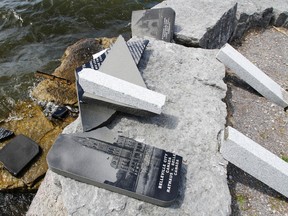 A city monument that stands along the Bay of Quinte, behind the Gerry O'Connor Water Treatment Plant on Sidney Street in Belleville, Ont., is seen broken apart Wednesday, Aug. 13, 2014 after it was damaged sometime over the weekend, stated Belleville police. - JEROME LESSARD/THE INTELLIGENCER/QMI AGENCY