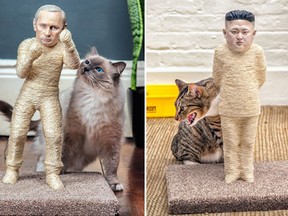 Pussy Cat Riot is selling handcrafted scratching posts in the shape of Vladimir Putin and Kim Jong Un. (Thepussycatriot.org/Supplied)