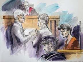 Christopher Barber, 26, appears in Finch court Wednesday, Aug. 13, 2014, with defence lawyer James Fleming, left, Judge Paul Taylor, Crown attorney Allison MacPherson and a court officer. (Pam Davies sketch)