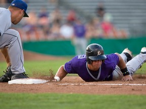 Guelph Royals first baseman Mark Allen catches the ball too late to pick off London Majors base runner Byron Reichstein in the third inning of their baseball game at Labatt Park in London. 

File photo