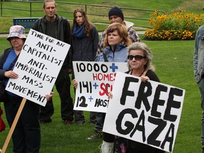 JOHN LAPPA/THE SUDBURY STAR/QMI AGENCYSudburians opposed to Israel's military operations in Gaza held a protest march in downtown Sudbury, ON on Wednesday, August 13, 2014. A rally was held at Memorial Park prior to the march.