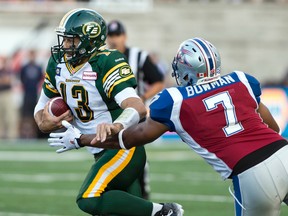 QB Mike Reilly has made his contributions to the Eskimos' offence in 2014 both in the air and on the ground, as he did Friday, August 8 in a 33-23 win over the Alouettes 
JOEL LEMAY/AGENCE QMI