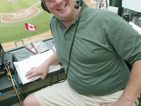 Paul Edmonds was photographed in 2009 as he called his 1,000th for the Winnipeg Goldeyes.