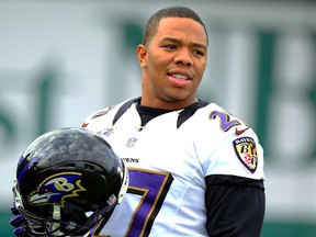 Baltimore Ravens running back Ray Rice warms up during the NFL's Super Bowl XLVII football practice in New Orleans, Louisiana, in this file photo taken January 30, 2013.  Rice, who has been suspended by the National Football League without pay for the first two games of the 2014 season for hitting his wife, apologized to her and vowed to speak out against domestic violence.  (REUTERS)