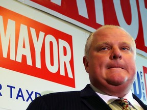 Mayor Rob Ford speaks to media at is campaign office Thursday morning. (DAVE ABEL/Toronto Sun)