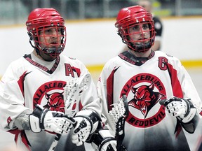 Wallaceburg's Jordan Durston, left, and Joel Shepley are playing for the Six Nations Arrows at the Canadian junior 'A' lacrosse championship. (Daily News File Photo)