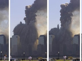 The remaining tower of New York's World Trade Center disolves in a cloud of dust and debris soon after the towers were hit by hijacked airliners, September 11, 2001. The pictures were made from across the Hudson River in Jersey City, New Jersey.  REUTERS/Ray Stubblebine
