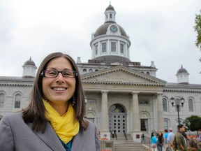 Brenda Slomka announces her mayoral bid in front of Kingston City Hall, Friday, Aug. 15, 2014.