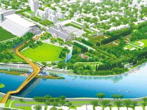 This entry by Vancouver-based Phillips Farevaag Smallenberg, now called PFS Studio, won the city's design competition for Lansdowne's urban park in 2010. The city requested that the bridge and canal island be removed from the design. The concept evolved further after community consultations. SUBMITTED