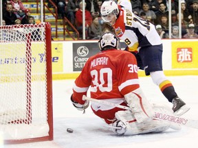 Erie Otters forward Dylan Strome scores on Soo Greyhound goaltender Matt Murray during second-period action April 2, 2014 at the Essar Centre. (JEFFREY OUGLER/SAULT STAR/QMI AGENCY)