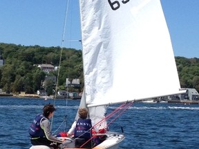 Kingston sailors Pat Wilson and Arie Moffat in action this week in the 420 class at the Sail Canada youth regatta in Kingston. (Supplied photo)