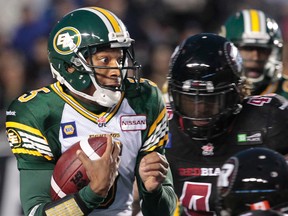 The Ottawa RedBlacks took on the Edmonton Eskimos at TD Place in Ottawa Friday Aug 15,  2014. Pat White from the Eskimos had his eyes wide open during a first half play against the RedBlacks Friday night.  Tony Caldwell/Ottawa Sun/QMI Agency