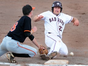 London Badgers outfielder Zach Desa slides safe into third during a 7-3 win over Team Saskatchewan on Friday  Aug 15, 2014 during a Canadian 18U Baseball Championships game played in Magog, Quebec. 
MORRIS LAMONT / THE LONDON FREE PRESS / QMI AGENCY