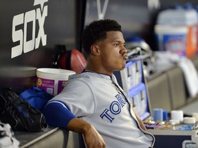 Starting pitcher Marcus Stroman of the Toronto Blue Jays sits on the bench after being relieved during the first inning against the Chicago White Sox at U.S. Cellular Field on August 15, 2014. (Brian Kersey/Getty Images/AFP)