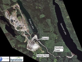 High resolution satellite photo zoom of Mount Polley tailings breach. (CNW Group/PhotoSat Information Ltd)