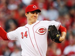 Cincinnati Reds' starter Homer Bailey pitches to the San Francisco Giants during the third inning of Game 3 in their MLB NLDS playoff baseball series in Cincinnati, Ohio, October 9, 2012. REUTERS/Jeff Haynes
