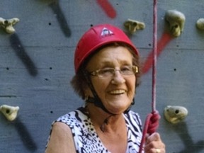 Ena Smids of Sarnia celebrated her 90th birthday clambering up a rock climbing wall. (Submitted photo)