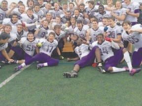 London Junior Mustangs celebrate their OVFL Junior Varsity title Saturday in Ottawa after beating the Myers Riders 49-27.