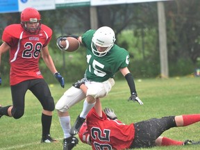 Bailey Twiss of the Portage Pitbulls bantam team is brought down during the Pitbulls' loss to St.Vital Aug. 17. (Kevin Hirschfield/The Graphic)