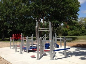 An outdoor apparatus designed for seniors was unveiled at Carbide Park in Galveston County, Texas, on August 14, 2014.  (@GalvCoTX/Twitter)