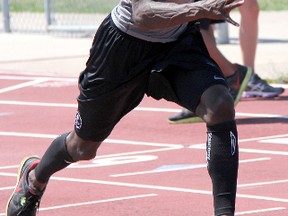 Sprinter Drelan Bramwell, shown during practice in 2012, is headed off on a scholarship to the College of the Sequoias in California. Bramwell, who is considered one of the fastest 20-year-olds in Canada, has his sights set on improving his times in the 100, 200 and 400-metre dashes. THE OBSERVER/QMI AGENCY