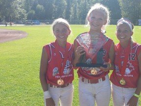 Portage sisters Paige, Kiera, and Maddie Shwaluk were part of the U14 Smitty's softball team that won the U14 national championship in BC Aug. 10. (Submitted photo)