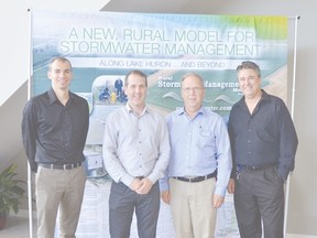 Presenters at the technical workshop on Healthy Lake Huron’s Rural Stormwater Management Model (RSWMM) Project included (left to right); Mike Talbot, Water Resources Engineer, of EOR Inc.; Rob James, P. Eng.; President and CEO of Computational Hydraulics International (CHI); Alec Scott, Water and Planning Manager with Ausable Bayfield Conservation and project manager on the RSWMM project; and Cecilio Olivier, PE, COO and Water Resources Engineer with EOR Inc.
