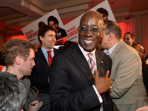 Liberal MP Emmanuel Dubourg is congratulated after winning a byelection in the Montreal riding of Bourassa in November. Elections Canada is investigating an incident during the byelection in Montreal in which supporters of the Liberal candidate that would win the contest are caught on videotape taking down an NDP sign.
SEBASTIAN ST-JEAN / QMI AGENCY