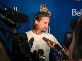Ottawa Senators defenceman  Erik Karlsson meets with the media Monday for the first time since arriving back in town after the summer off season. (Errol McGihon/Ottawa Sun/QMI)