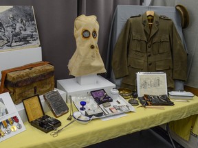 A table showcasing World War One medical apparatus that will be on display at the Museum of Health Care at Kingston later this year. (Alex Pickering/For The Whig-Standard)