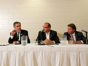 Alberta PC leadership candidates Jim Prentice, left, Ric McIver, and Thomas Lukaszuk take part in a leadership forum hosted by the Ukrainian Canadian Congress of Canada, at the Ukrainian Youth Unity Complex,  9615 153 Ave. (DAVID BLOOM/EDMONTON SUN)