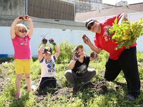 JOHN LAPPA/THE SUDBURY STAR
Sarah McMurray, 4, left, Randy Bazinet, 5, Kenzy Bazinet, 6, and Rob Bazinet, show off potatoes that were harvested from a community garden.