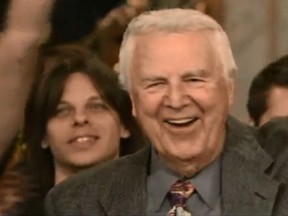 Don Pardo is pictured celebrating his 90th birthday during an episode of SNL. (YouTube screengrab/Adam Nedeff)