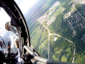 View from the air in Martin Mattes' L-29 Dolphin jet Monday afternoon. Mattes will be performing Saturday in the 2014 Ontario South Coast Airshow at the Tillsonburg Regional Airport, flying solo aerobatics and in formation. CHRIS ABBOTT/TILLSONBURG NEWS