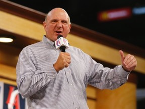 Los Angeles Clippers' new owner Steve Ballmer speaks after being introduced at a fan event at the Staples Center in Los Angeles, Aug. 18, 2014. REUTERS/Lucy Nicholson