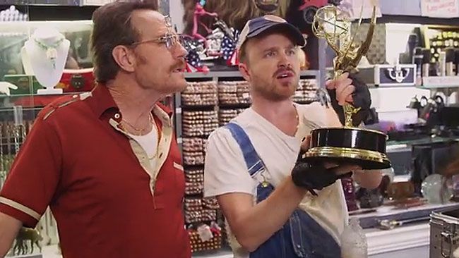 Watch Julia Louis Dreyfus Bryan Cranston And Aaron Paul Parody Pawn Shows In Emmy Promo