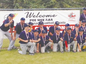 The Pembina Hills peewee team, featuring several players from Portage la Prairie, Macdonald, and Elie, won the U13 National Western Championships Aug. 17. (Submitted photo)