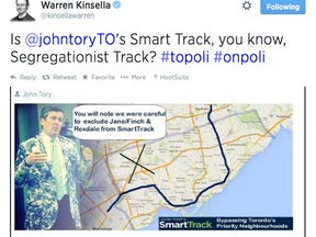 A tweet by Toronto mayoral candidate Olivia Chow campaign volunteer Warren Kinsella calling John Tory's "Smart Track" transit plan "Segregationist Track" was posted Aug. 20, 2014 has since been deleted. (Twitter)