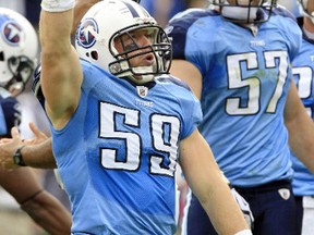 Tennessee Titans linebacker Tim Shaw celebrates his fumble recovery on a punt on the Philadelphia Eagles during the second half of their NFL football game at LP Field in Nashville, Tennessee October 24, 2010.  (REUTERS/M. J. Masotti Jr.)