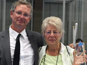 Sarnia native Bob Thwaites orchestrated a special tribute to drum and bugle corps volunteer Helen Campbell at the opening ceremonies of the Ontario 55+ Summer Games Tuesday night. Thwaites, who is a former Sarnia drum and bugle corps member, credits Campbell for helping raise hundreds of children, including himself. SUBMITTED PHOTO