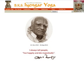 A screengrab of yoga guru BKS Iyengar's website. (http://bksiyengar.com photo)