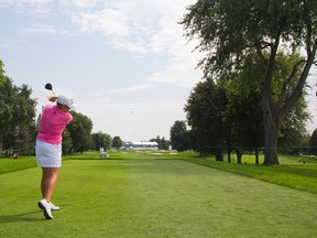 Cristie Kerr tees off on the 18th hole of the London Hunt Golf and Country Club during a practice session on August 19, 2014 for the CP Canadian Women's Open. (Mike Hensen/The London Free Press/QMI Agency)