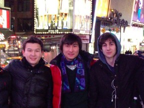 Boston marathon bombing suspect Dzhokhar Tsarnaev (R) poses with Azamat Tazhayakov (L) and Dias Kadyrbayev in an undated photo taken in New York. (vk.com via REUTERS)