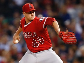 Angels pitcher Garrett Richards had to be taken off the field on a stretcher after injuring his knee during the second inning against the Red Sox in Boston on Wednesday, Aug. 20, 2014. (Mark L. Baer/USA TODAY Sports)