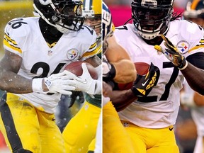 Steelers running backs Le'Veon Bell (left) and LeGarrette Blount (right) were arrested Wednesday after police found marijuana in their car. (USA TODAY Sports/Files)