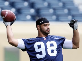 Defensive end Jason Vega will be on the sidelines Friday. (BRIAN DONOGH/Winnipeg Sun files)