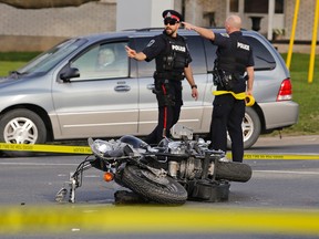 One person is dead after a motorcycle collision in Peterborough, Ont. May 8, 2014. (Clifford Skarstedt/QMI Agency)