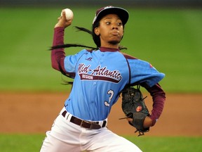 Mid-Atlantic Region pitcher Mo'ne Davis throws a pitch in the first inning against the West Region at Lamade Stadium on August 20, 2014. (Evan Habeeb/USA TODAY Sports)
